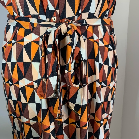 Dorothy Perkins Shirt Dress Orange Black Geometric Print Belted Rolled Sleeve 12 - Picture 6 of 13